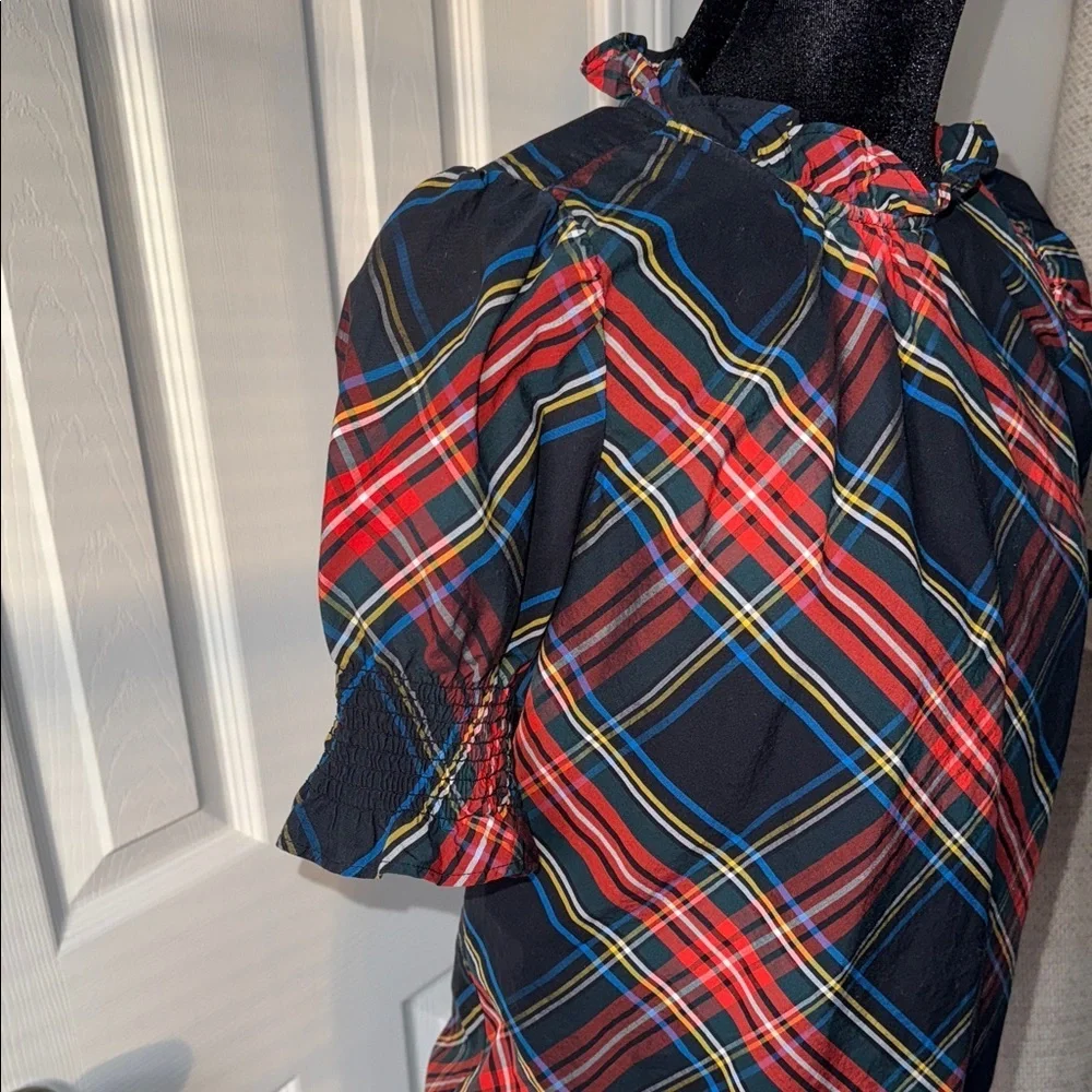 J.Crew Plaid Tartan Puff Sleeve Blouse Top XXS Cotton Holiday Preppy